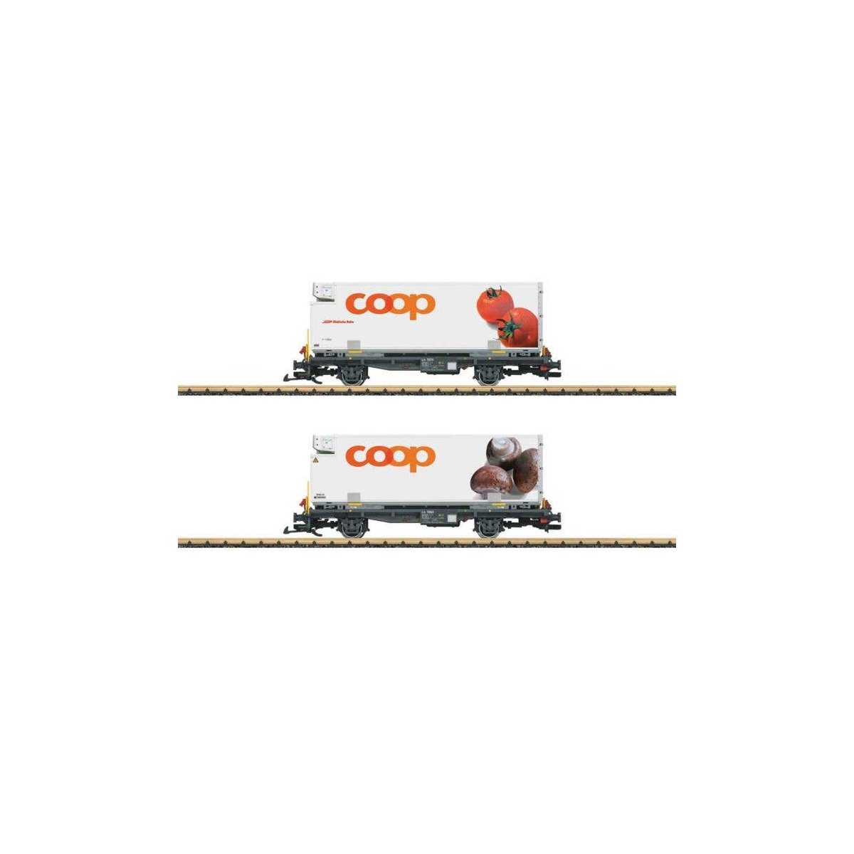 Container Car w/Reefer Container 2-Pack - Ready to Run -- Rhaetian Railroad RhB (Era VI, gray, white Coop Containers - Tomato & 