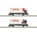 Container Car w/Reefer Container 2-Pack - Ready to Run -- Rhaetian Railroad RhB (Era VI, gray, white Coop Containers - Tomato & 