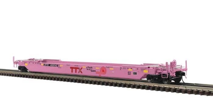 53′ Rebuilt Well Car - 3-Rail - Ready to Run - Premier -- TTX DTTX 469542 (pink, On Track for a Cure Logo), O, Atlas O 3001765