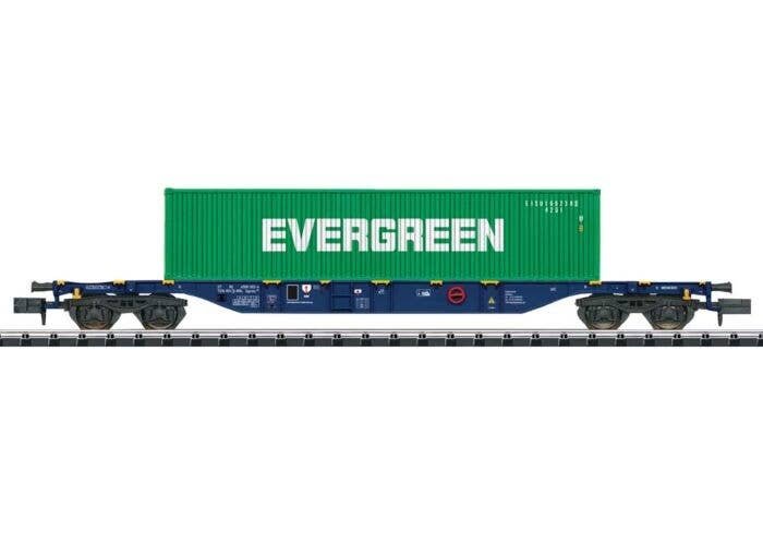 Type Sgnss Container Flatcar w/40′ Container - Ready to Run - Minitrix -- RailReLease BV RRL (Era VI, blue w/Evergreen Contain