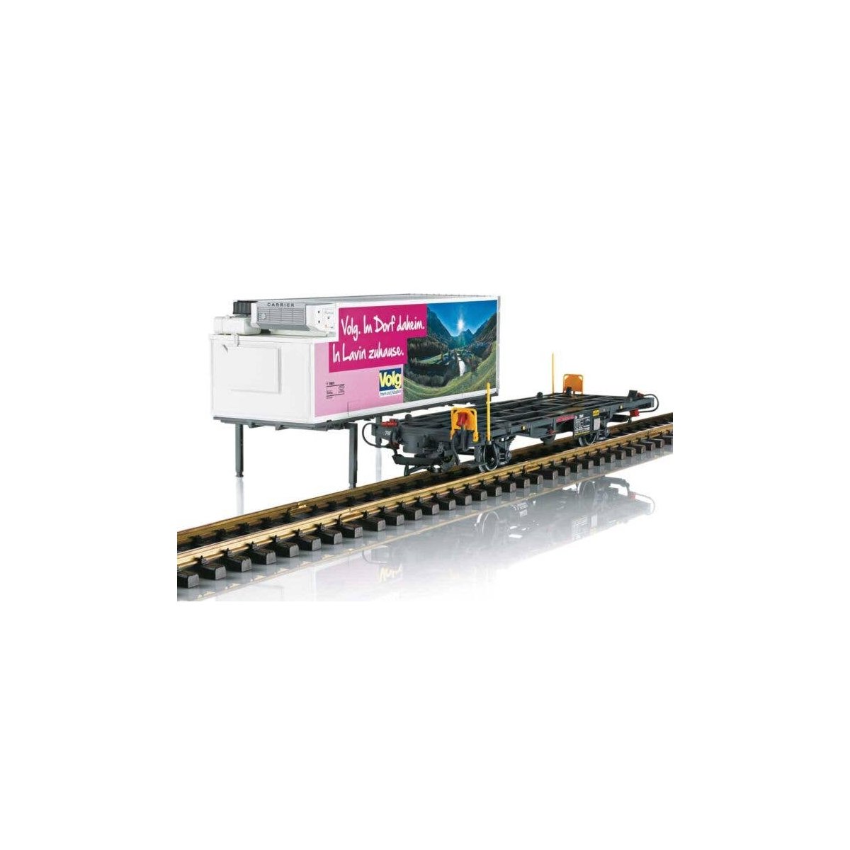 Container Flatcar with Reefer Container - Ready to Run -- Rhaetian Railway RhB 7869 (black, Volg Container), G, LGB 46896