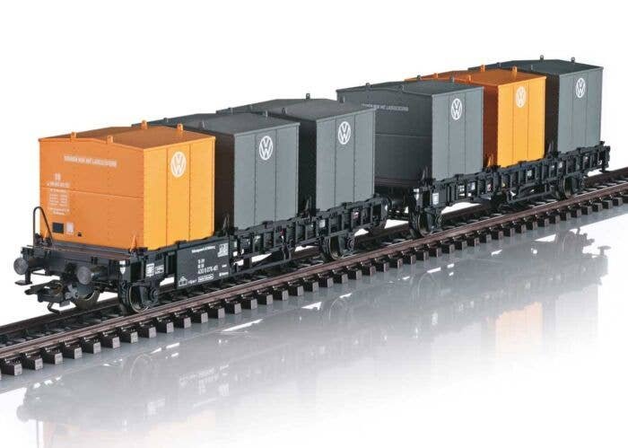 Type Laabs Container Transport Car w/VW Containers - 3-Rail - Ready to Run -- German Federal Railroad DB (Era IV 1971, black yel