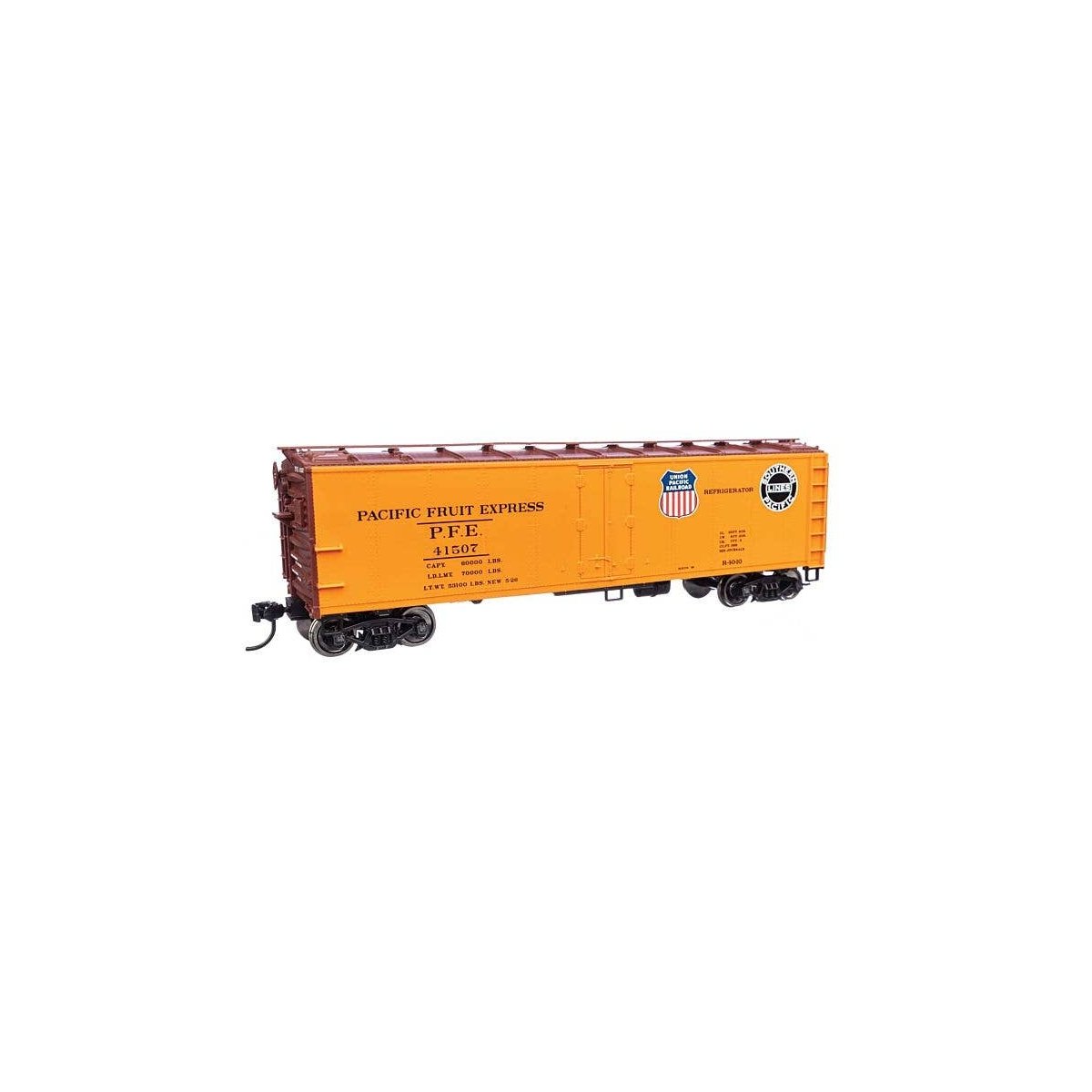 40′ Steel Reefer with Dreadnaught Ends - Ready To Run -- Pacific Fruit Express(TM) 41507 UP(R) & SP(TM) logos, HO, WalthersMai
