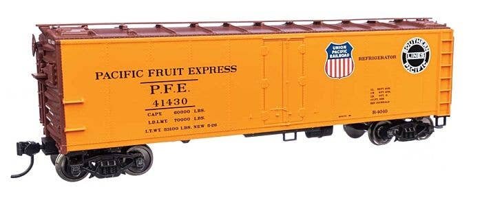 40′ Steel Reefer with Dreadnaught Ends - Ready To Run -- Pacific Fruit Express(TM) 41430 UP(R) & SP(TM) logos, HO, WalthersMai