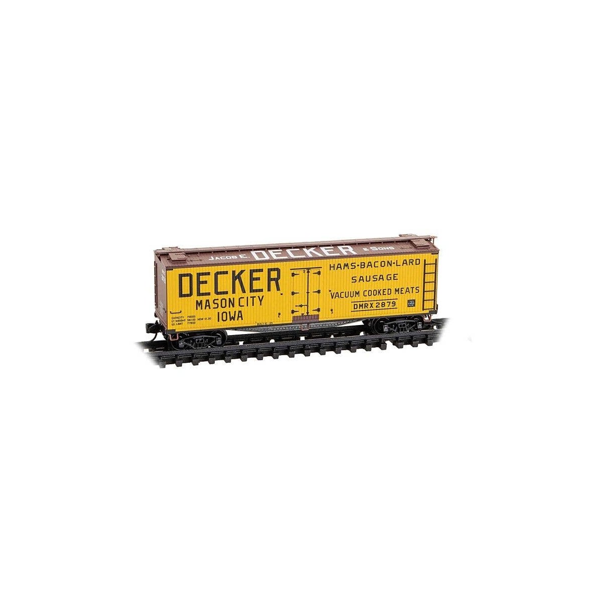 40′ Double-Sheathed Wood Reefer w/Vertical Brake Wheel - Ready to Run -- Jacob E. Decker & Sons 2879 (yellow, Boxcar red, blac