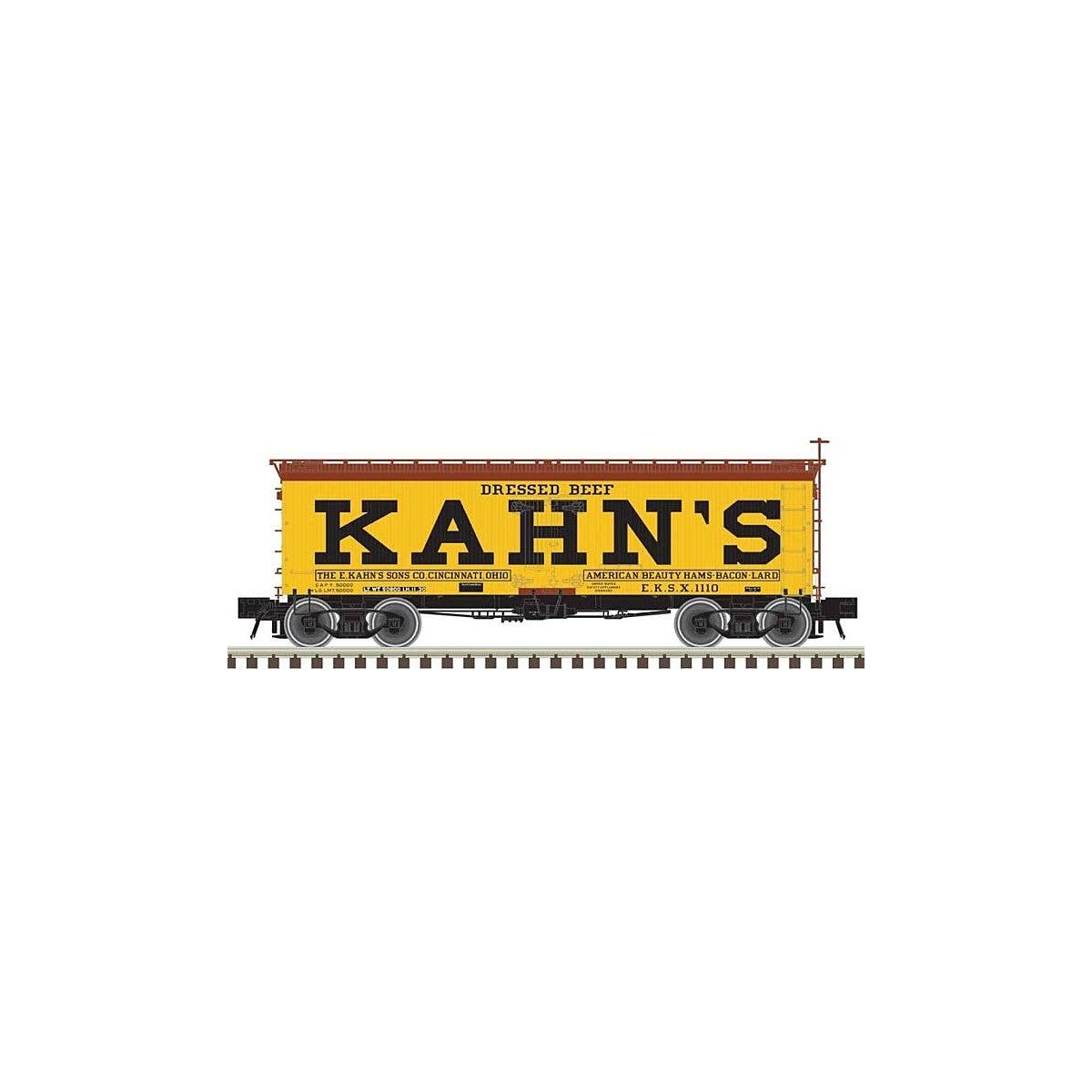 36` Wood Reefer - Ready to Run - Master(R) -- Kahn`s 1121 (yellow, black, Boxcar Red), HO, Atlas Model Railroad Co. 20007206