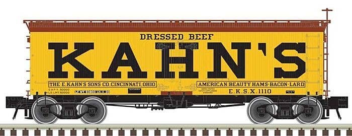 36` Wood Reefer - Ready to Run - Master(R) -- Kahn`s 1121 (yellow, black, Boxcar Red), HO, Atlas Model Railroad Co. 20007206