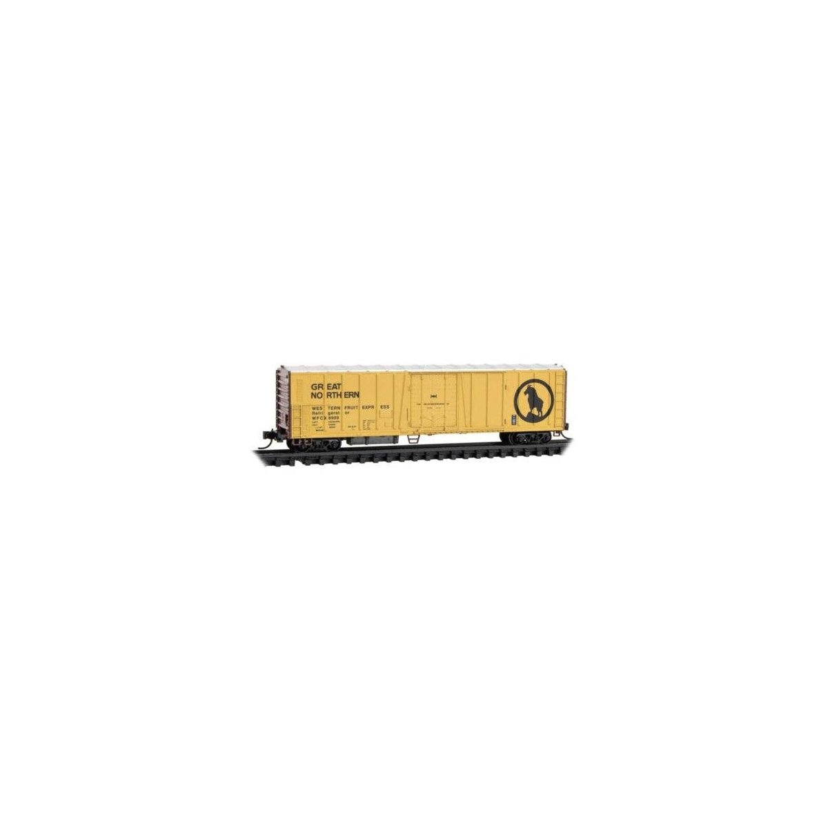 PC&F Class R-70-13 Steel Mechanical Reefer No Roofwalk - Ready to Run -- Great Northern WFCX 8909 (yellow, silver, black, Boxcar