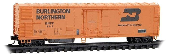 51` 3-3/4` Riveted-Side Mechanical Reefer No Roofwalk - Ready to Run -- Burlington Northern Western Fruit Express 802 (yellow, b