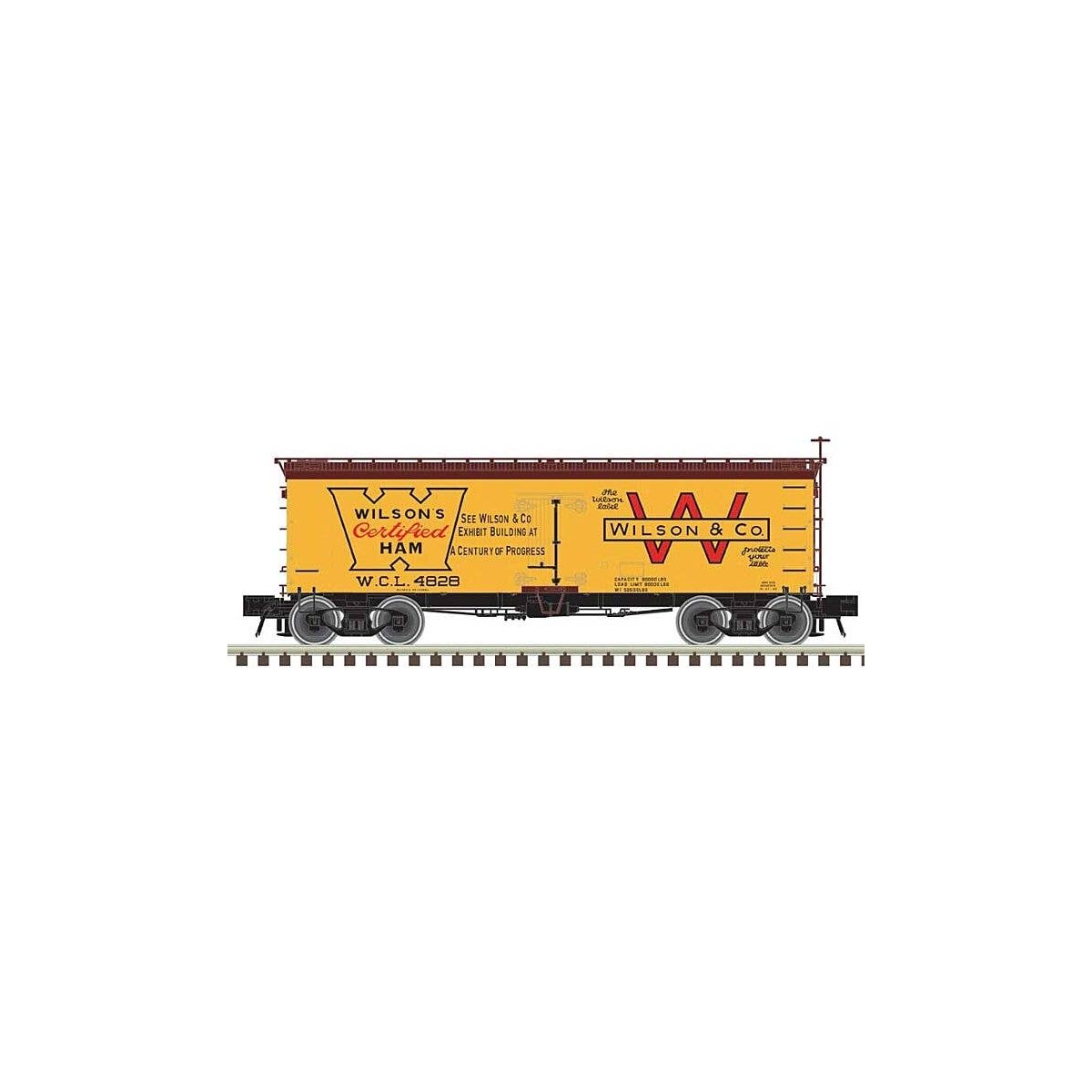 36′ Wood Reefer - Ready to Run - Master(R) -- Wilson Packing Certified Ham 4828 (yellow, Boxcar Red, red), HO, Atlas Model Rai