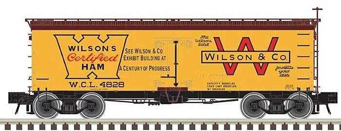36′ Wood Reefer - Ready to Run - Master(R) -- Wilson Packing Certified Ham 4828 (yellow, Boxcar Red, red), HO, Atlas Model Rai