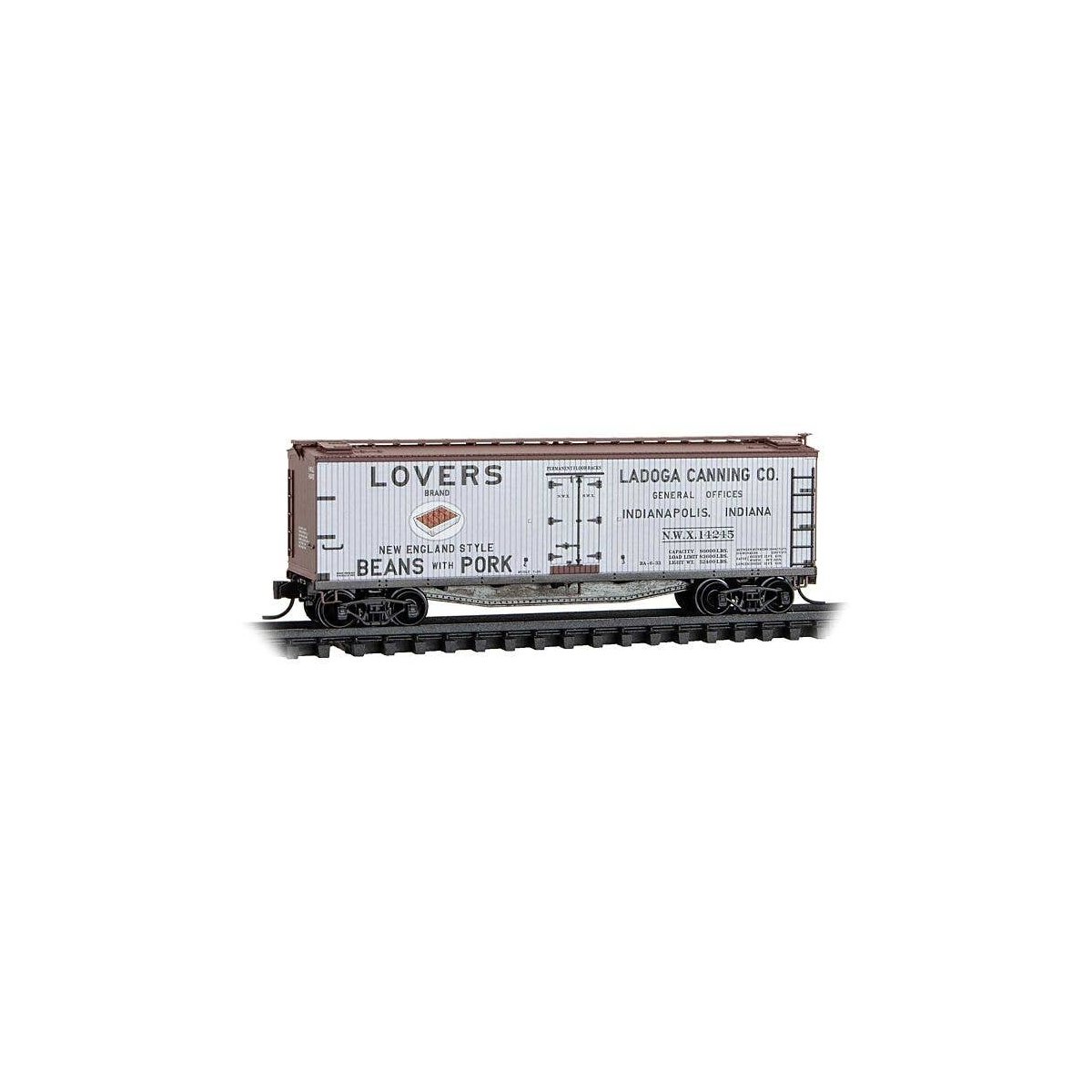 40′ Double-Sheathed Wood Reefer w/Vertical Brake Wheel - Ready to Run -- Ladoga Canning NWX 14245 (gray, Boxcar Red, Lovers Br