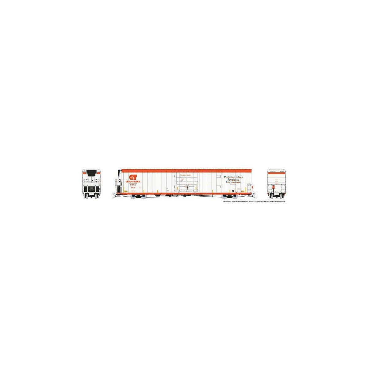 Greenbrier 72′ IL 7780 Mechanical Reefer - Ready to Run -- Cyro-Trans CRYX 5138 Columbia River (white, orange), HO, Rapido Tra