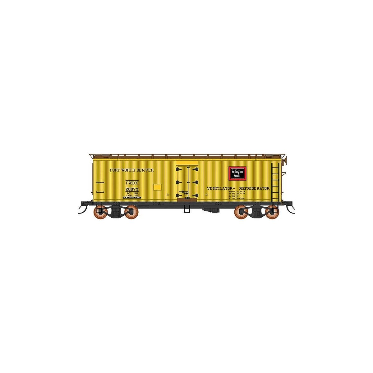 Fruit Growers Express Wood Refrigerator Car - Ready to Run -- Fort Worth & Denver (yellow, Boxcar Red, CB&Q Logo), HO, Intermoun