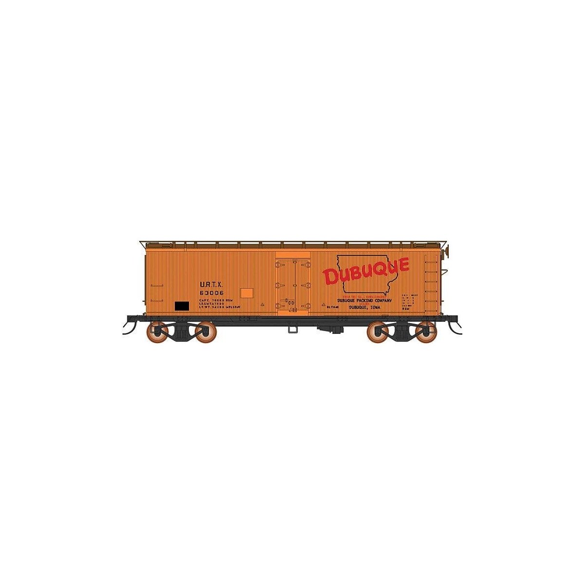 Fruit Growers Express Wood Refrigerator Car - Ready to Run -- Dubuque Packing URTX (orange, Boxcar Red, red, black), HO, Intermo