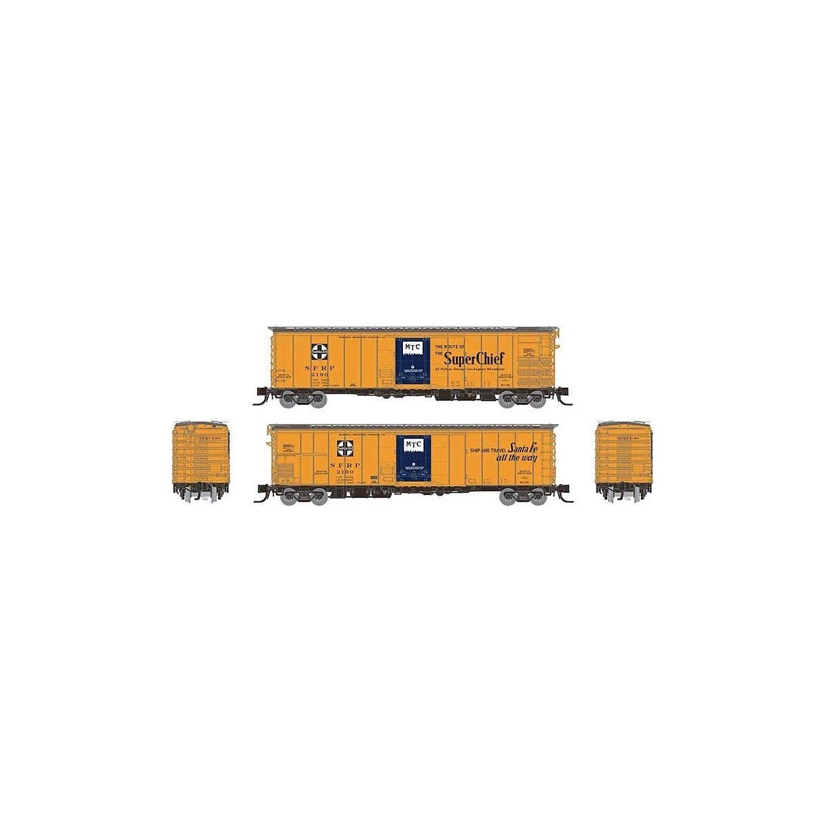 Class RR-56 Mechanical Reefer 4-Pack - Ready to Run -- Santa Fe (orange, blue, black, Mixed Slogans, Square Logo), N, Rapido Tra