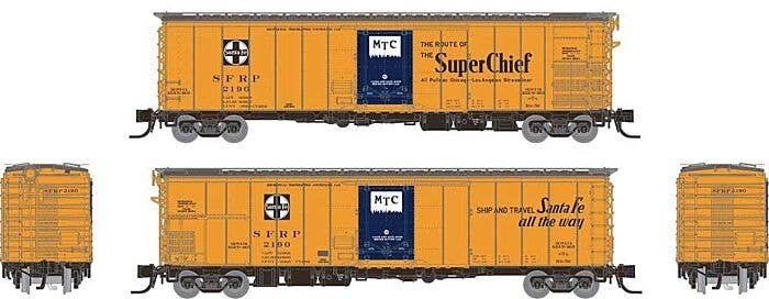 Class RR-56 Mechanical Reefer 4-Pack - Ready to Run -- Santa Fe (orange, blue, black, Mixed Slogans, Square Logo), N, Rapido Tra