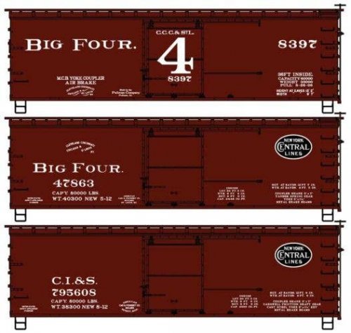 36′ Double-Sheathed Wood Boxcar, Steel Roof, Wood Ends 3-Pack - Kit -- Big Four CCC&StL 8397, 47863,, HO, Accurail Inc 8189