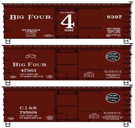 36′ Double-Sheathed Wood Boxcar, Steel Roof, Wood Ends 3-Pack - Kit -- Big Four CCC&StL 8397, 47863,, HO, Accurail Inc 8189