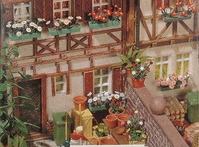 Window Box Set -- Kit - 6 Window Boxes with Pink, Red, White & Blue Flowers, HO, Busch Gmbh & Co Kg 1208