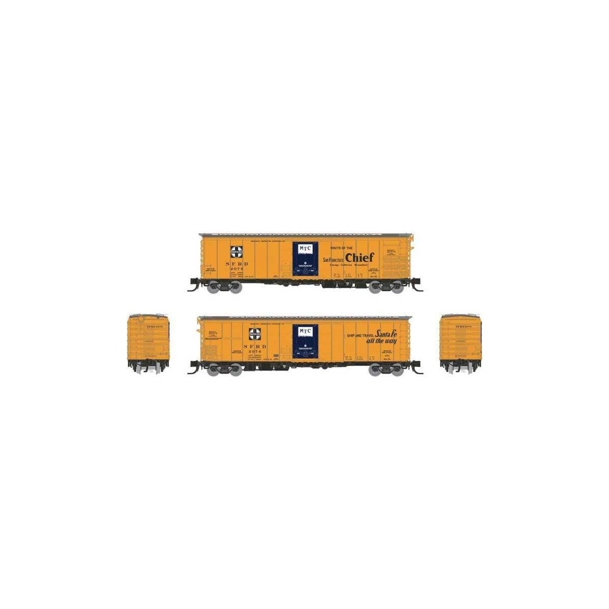 Class RR-56 Mechanical Reefer 4-Pack - Ready to Run -- Santa Fe 1 (orange, blue, black, San Francisco Chief Slogan), N, Rapido T