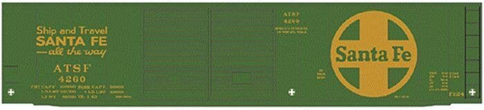 Railroad Decal Set -- Santa Fe 50′ Express Boxcar (green car, Large Logo, Ship & Travel Slogan, HO, Tichy Train Group 10073