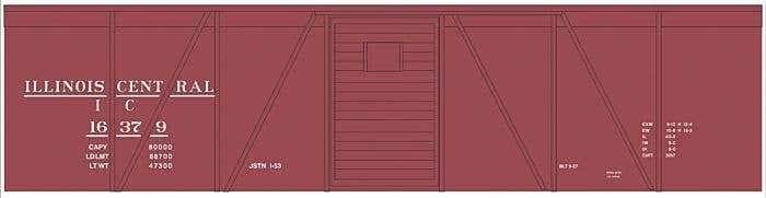 Railroad Decal Set -- Illinois Central 40′ Single-Door Single-Sheathed Boxcar (Boxcar Red, No , HO, Tichy Train Group 10230
