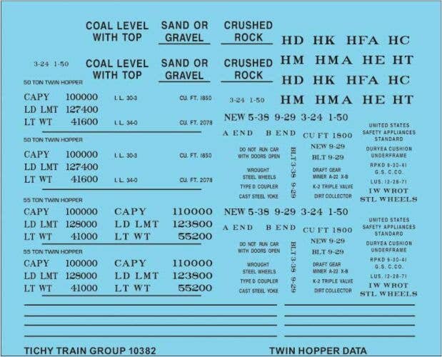 Railroad Decal Set -- Generic 2-Bay Steel Hopper Data (black lettering), HO, Tichy Train Group 10382