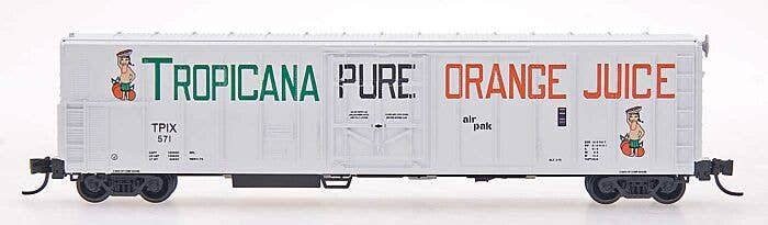 57′ Mechanical Refrigerator Car - Ready to Run -- Tropicana (1972, white, green, orange, 2 figures), N, Intermountain Railway 