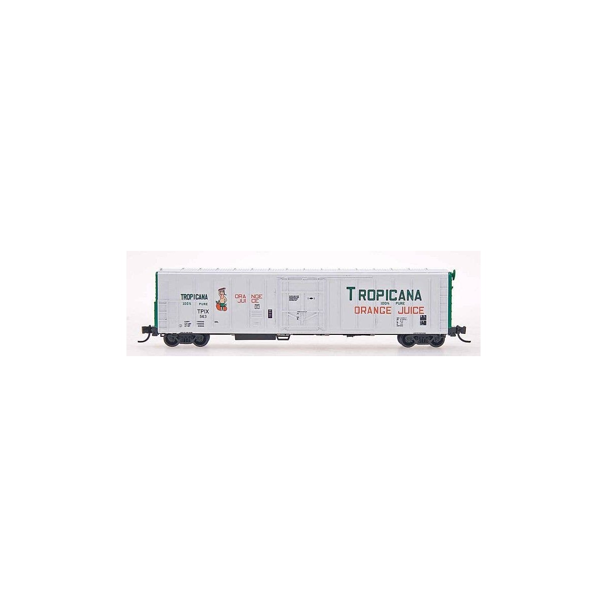 57′ Mechanical Refrigerator Car - Ready to Run -- Tropicana (1979, white, green, orange, green ends, 1 figure), N, Intermounta