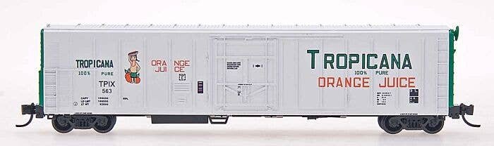57′ Mechanical Refrigerator Car - Ready to Run -- Tropicana (1979, white, green, orange, green ends, 1 figure), N, Intermounta