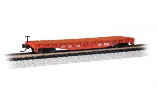 52′ Steel Flatcar - Ready to Run -- CP Rail 301565 (Action Red, white), N, Bachmann Industries 17355