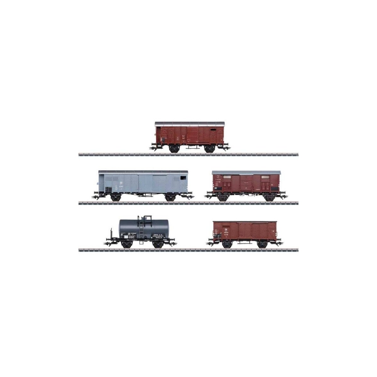 Class Ae 6/8 Freight 5-Car Set - 3-Rail - Ready to Run -- 1 Each: J2d Box w/Brake Cab, J2, G10 & Typo F Boxcars, 2-Axle Tank (Er