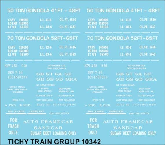 Railroad Decal Set -- Generic 41`, 48`, 52 and 64 Steel Gondola Data (white lettering), N, Tichy Train Group 10342N