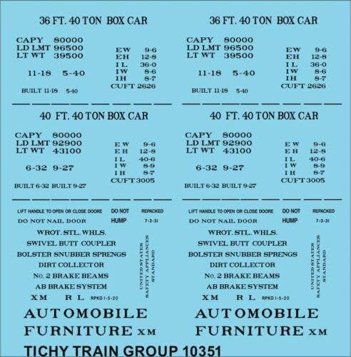 Railroad Decal Set -- 36` and 40` Wood Boxcar Data (black), HO, Tichy Train Group 10351