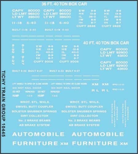 Railroad Decal Set -- 36`, 40` Boxcar Data, Gothic Lettering (white), N, Tichy Train Group 10445N