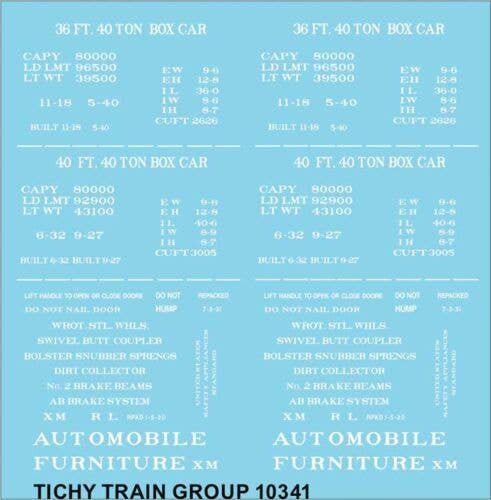 Railroad Decal Set -- Generic 36` and 40` Wood Boxcar Data (white lettering), HO, Tichy Train Group 10341