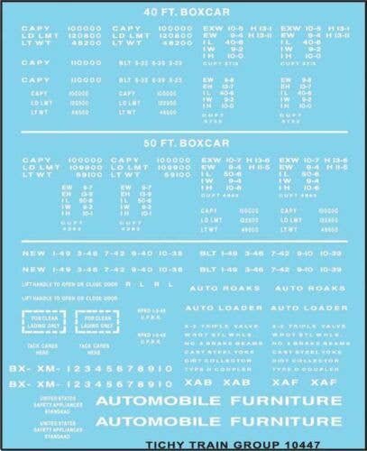 Railroad Decal Set -- 40`, 50` Boxcar Data, Gothic Lettering (white), HO, Tichy Train Group 10447