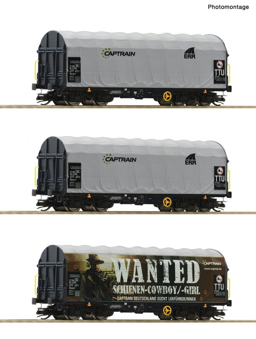 3 piece set: Slide tarpaulin wagons, Captrain, TT, Roco 6680023