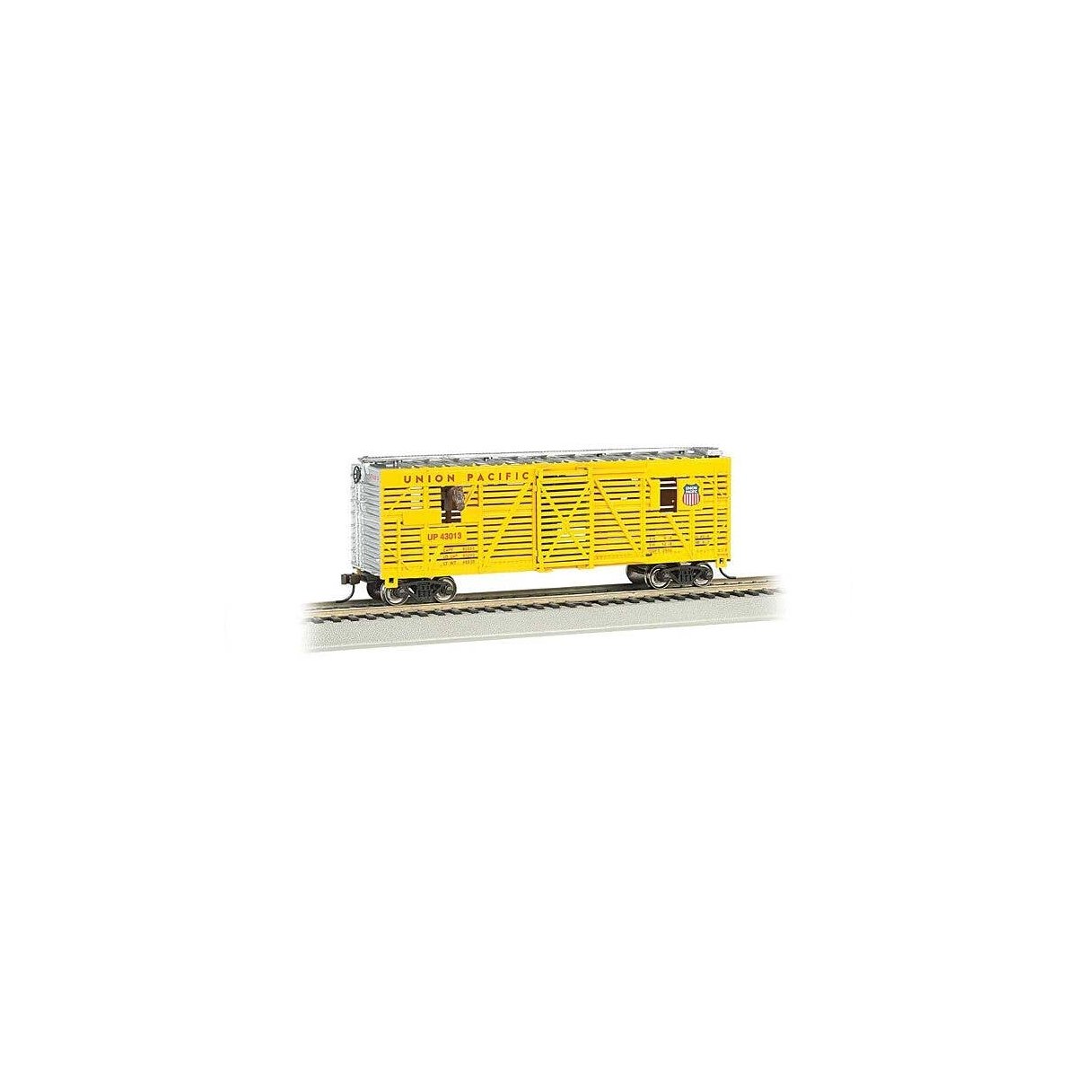 40′ Animated Stock Car with Horses - Ready-to-Run -- Union Pacific 43013 (yellow, silver), HO, Bachmann Industries 19701