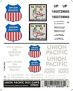 Dry Transfer Railroad Lettering Sets -- UP Boxcars w/`Automated Railway` & `Ship & Travel` Slogan, HO, Woodland Scenics 603