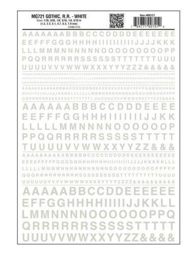 Dry Transfer Alphabet & Numbers - Railroad Gothic -- White, All Scales, Woodland Scenics 721