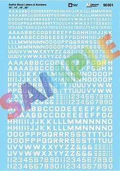 Alphabet & Number Decal Set -- Gothic Block (white) 10`, 14`, 18`, 20`, HO, Microscale Industries Inc 90301