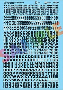 Alphabet & Number Decal Set -- Gothic Block (black) 10`, 14`, 18`, 20`, HO, Microscale Industries Inc 90302