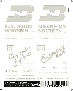 Dry Transfer Railroad Lettering Sets -- BN & CB&Q Boxcars `Way of the Zephyrs`, `Everywhere West`, HO, Woodland Scenics 607