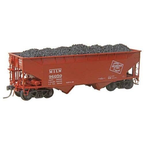 50-Ton AAR Standard Offset 2-Bay Open Hopper with Coal Load - Ready to Run -- Milwaukee Ro, HO, Kadee Quality Products 7529