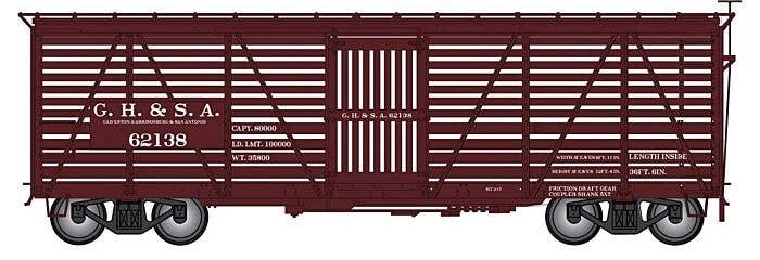Harriman 40′ Stock Car - Ready to Run -- Galveston, Harrisonburg & San Antonio GH&SA (Boxcar Red), HO, Intermountain Railway C
