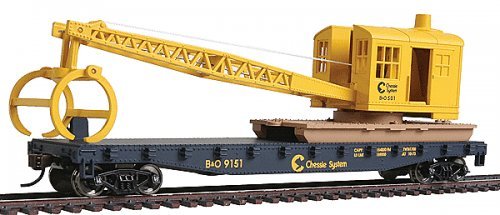 Flatcar with Logging Crane - Ready to Run -- Chessie System B&O (blue, yellow), HO, WalthersTrainline 1782