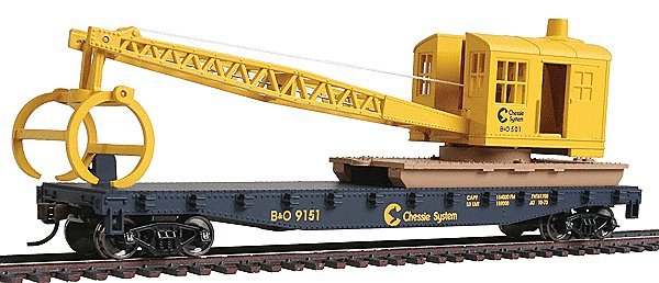 Flatcar with Logging Crane - Ready to Run -- Chessie System B&O (blue, yellow), HO, WalthersTrainline 1782