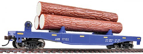 Log Dump Car with 3 Logs - Ready to Run -- Alaska Railroad 17102 (blue, yellow Conspicuity Mark, HO, WalthersTrainline 1770